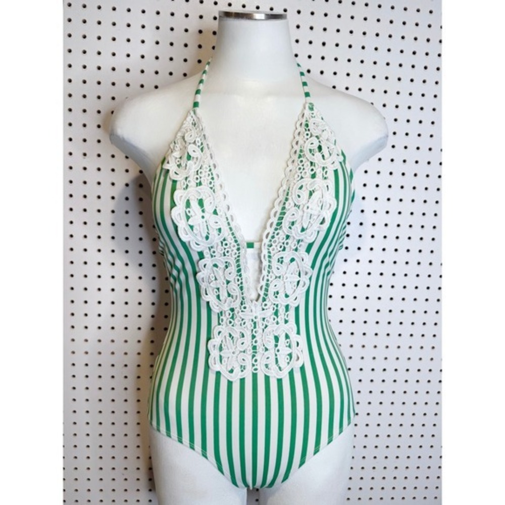 Cupshe Green‎ White Striped Crochet Lace Halter One Piece Swimsuit Deep V-Neck